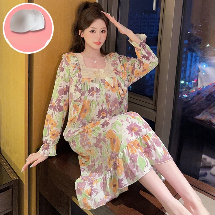 Autumn Maternity Nightgowns Sweet Lace Square Collar with Bowknot Long Flare Sleeve Loose Pregnant Woman Dress Lovely Sleepwear