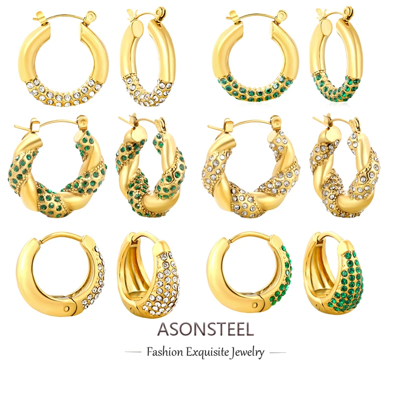 ASONSTEEL Stainless Steel Round Hoop Earrings For Women Luxury Cubic Zirconia Earring Waterproof Metal Texture Wedding Jewelry