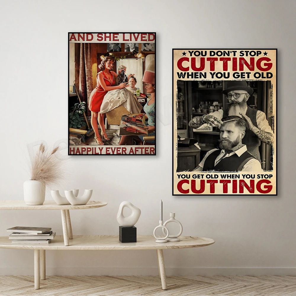 Woman barber poster, she lives happily after barbershop print, barber cuts man's hair, barbershop decoration, barbershop gift
