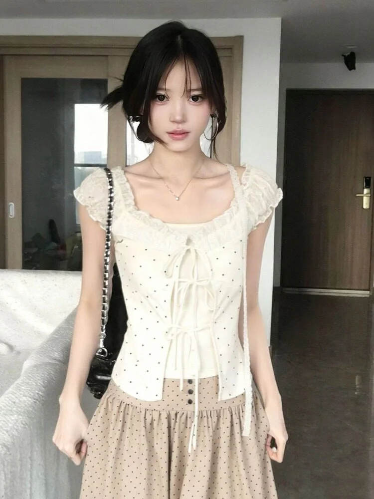 Korean Style Sweet Polka Dot Bubble Sleeve T-Shirt Women's Summer New Gentle Slim Fit Short Sleeve Top Fake Two-Piece Ensemble