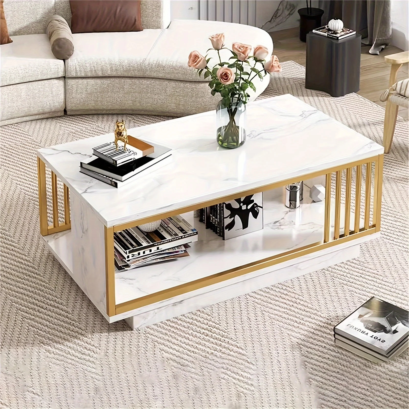 Mesa de café retangular com alto brilho, folheado de mármore cerâmico, branco e dourado, móveis domésticos, estilo clássico, 1pc, 39,4 pol * 19,7 pol