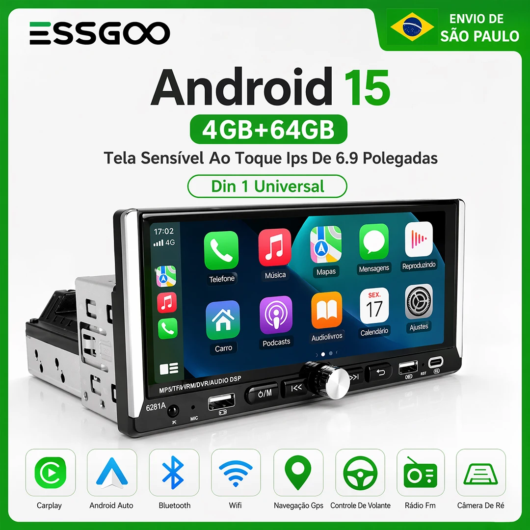 ESSGOO 1DIN Android 15 Rádio Automotivo Universal com Carplay Sem Fio, Tela Sensível ao Toque IPS de 6.9 Polegadas, AUX, Multimídia, Vídeo e MP5 Player