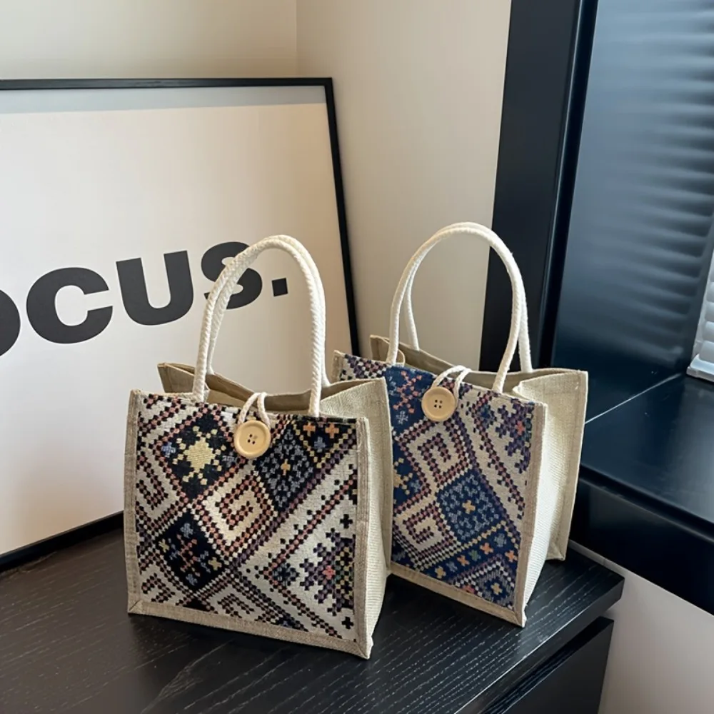 Bohemian Style Canvas Handbag, Women's Fashionable Handbag, Buckle, Ethnic Style Pattern, Suitable for Daily Use and Travel