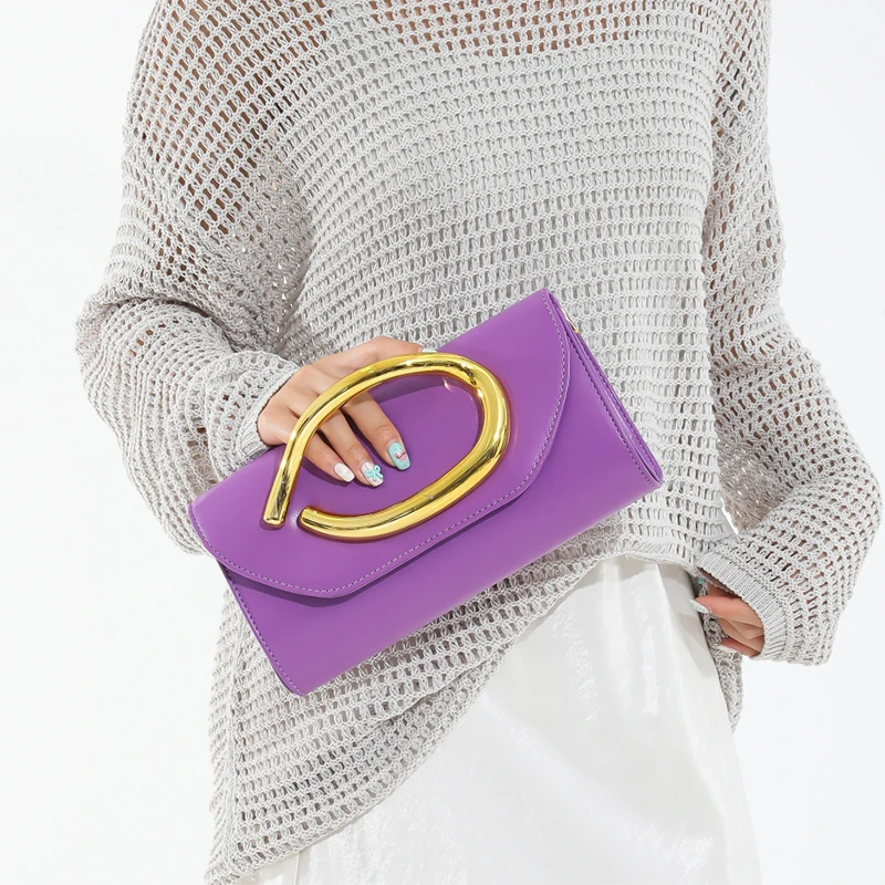 

Luxury Purple Bag Thick Gold Metal Handle Evening Clutch Bag For Women 10 Color Pu Leather Crossbody Bag Fashion Party Purse