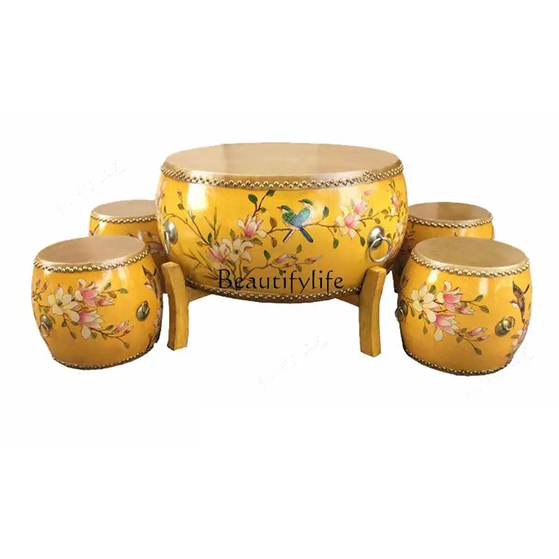 

New Chinese drum stool cowhide solid wood painted shoe changing stool old small circle
