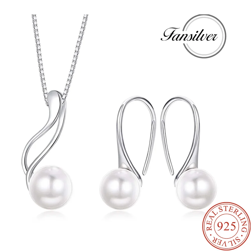 Fansilver Sterling Silver Pearl Jewelry Set 18K Gold Plated Freshwater Cultured Pearl Jewelry Pendant Necklace Pearl Earrings