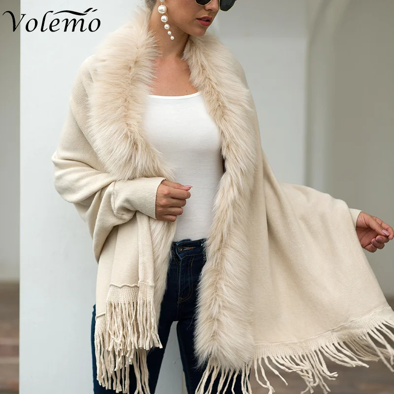 

Volemo 2022 Fur Collar Winter Shawls and Wraps Bohemian Fringe Oversized Womens Winter Ponchos and Capes Batwing Sleeve Cardigan