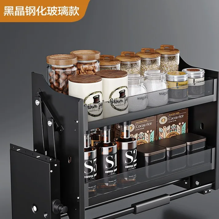 Pull-down cabinet with a lifting pull-out basket for snacks and seasonings