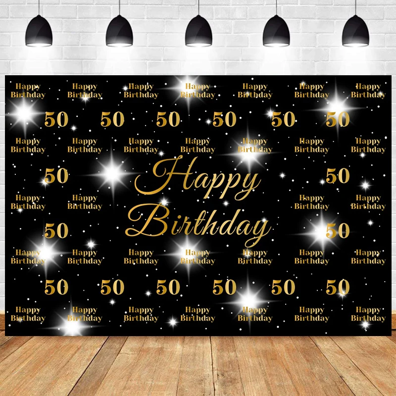 

Happy Birthday 50th Backdrop Black and Gold Photocall 50 Years Party Decorations Man Women Anniversary Photo Background Banner