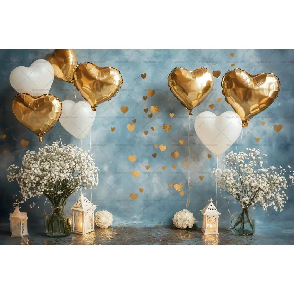 Valentine's Day Blue Gold Heart Photography Background Children Adult Birthday Party Portrait Decoration Background Photo Studio