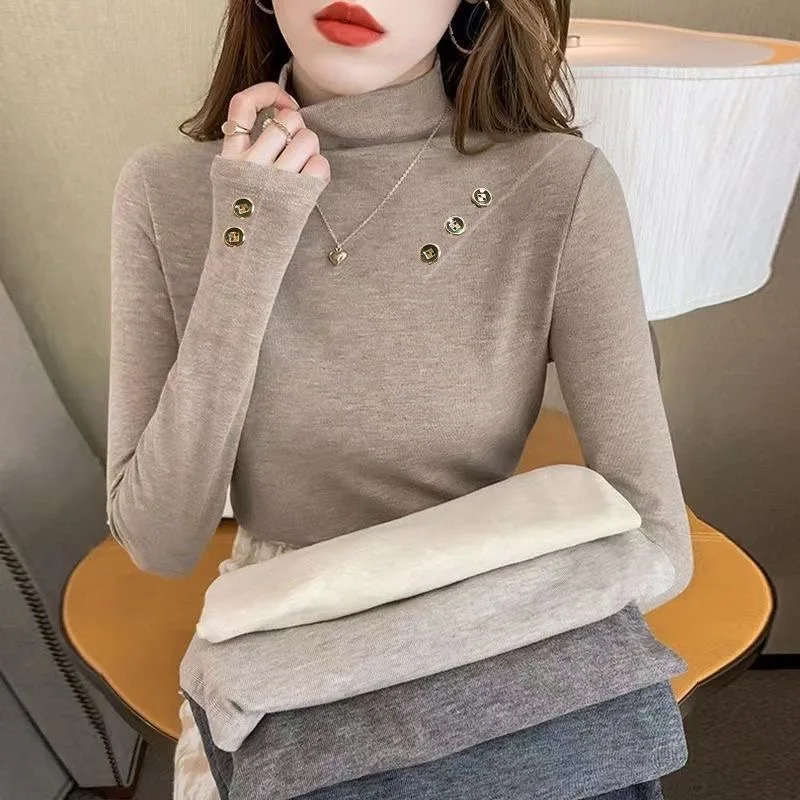 

Fdfklak Plus Velvet Bottoming Shirt Women Pullovers Semi-high Collar New Autumn Winter Ladies Velvet Long-sleeved T-shirt Tide