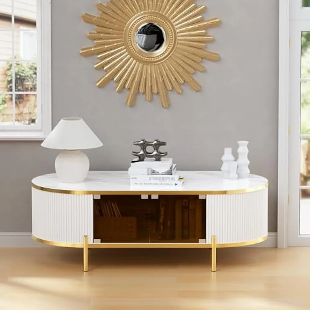 Table basse cannelée de luxe avec porte en verre, plateau en faux marbre, table centrale à profil incurvé avec rangement, nar, 48 po