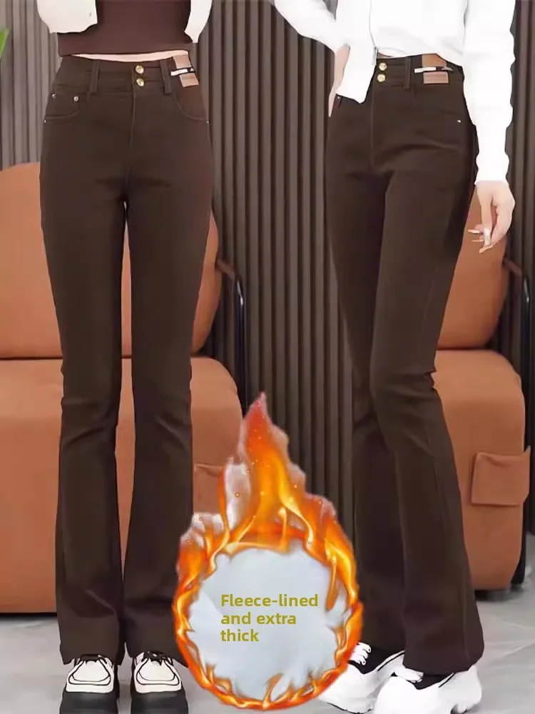 

Women's Fce Lined Bootcut Jeans High Waist Wide Leg Pants Winter Thiened Bla Long Trousers Spring Autumn New Sle