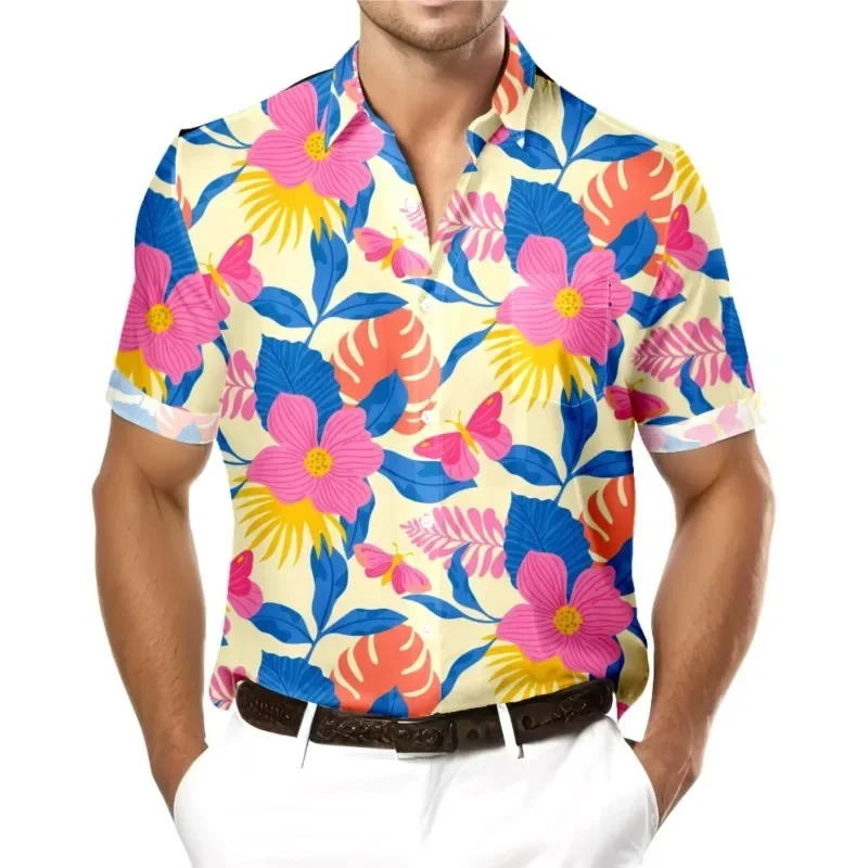 

Hawaii Floral Print Chest Pocket Polyester Shirt Casual Daily Short Sleeve Shirt Clothing Tops