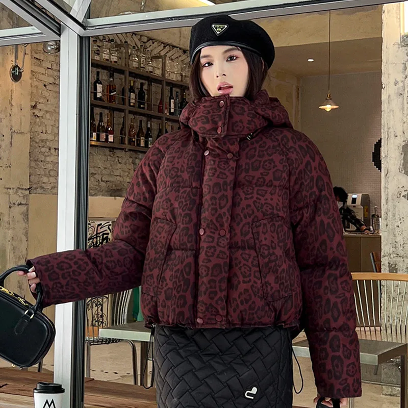 PinkyIsBlack New Women Parkas Down Cotton Padded Jacket Warm Thick Short Leopard Winter Jacket Coat Hooded Parkas Female Outwear