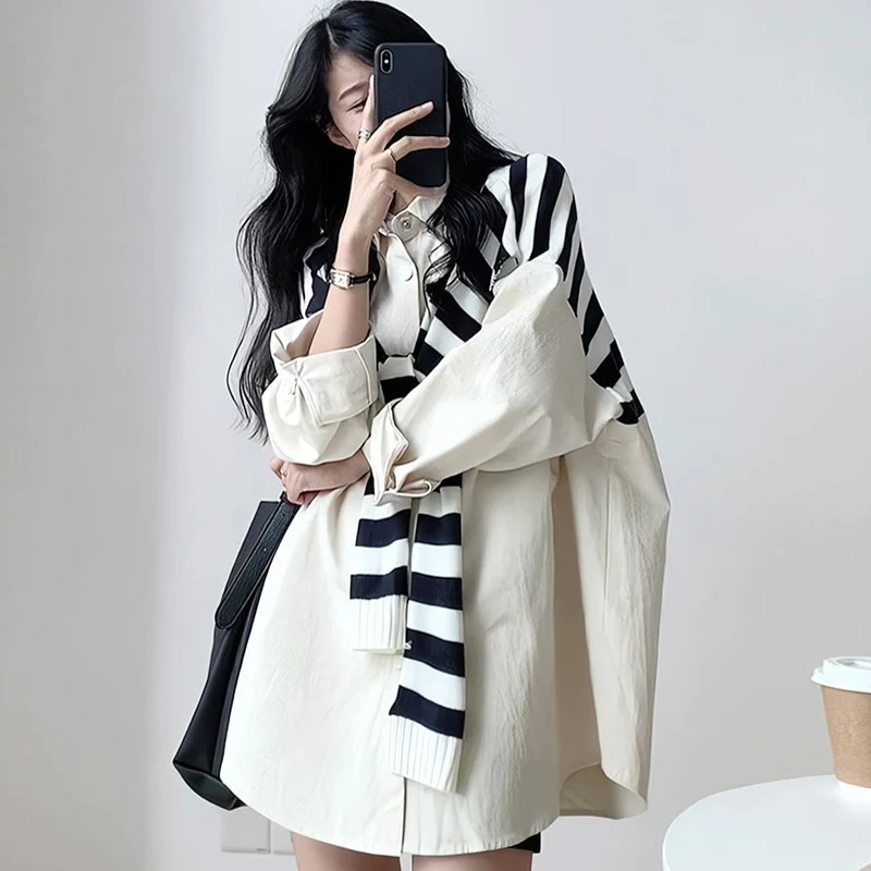 

Модный повседневный комплект из двух предметов: свободная осенняя миди-рубашка больших размеров в корейском стиле с длинными рукавами и пуговицами.