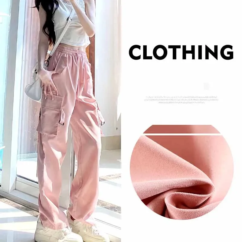 New Womens Baggy Cargo Pants Vintage High Waist Hip Hop Style Thin Straight Wide Leg Casual Parachute Pants Oversized Streetwear