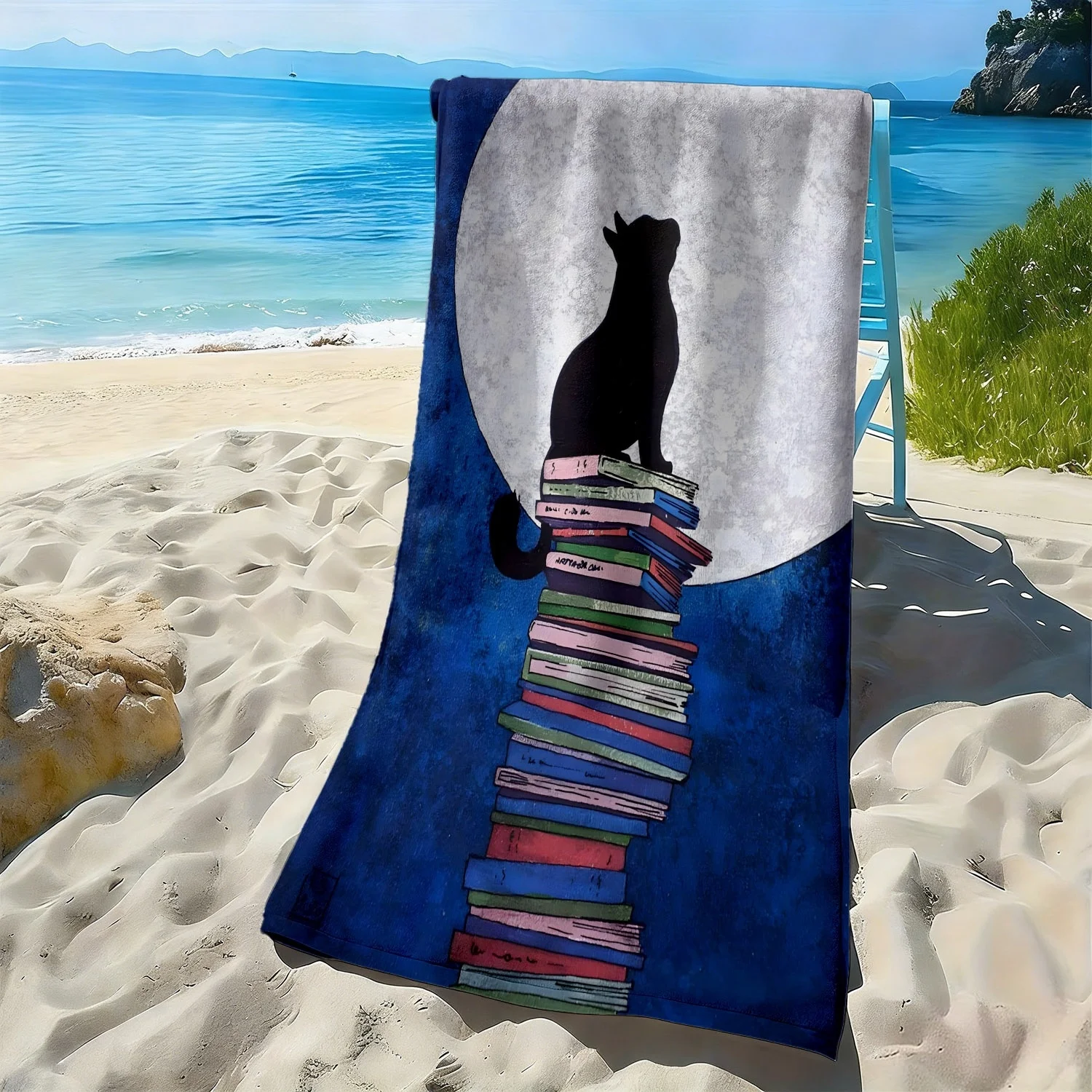 De polyester microvezel strandhanddoek met kat- en boekmotief en maanmotief is zeer absorberend en geschikt voor zwemmen en stranduitjes._voghion.com