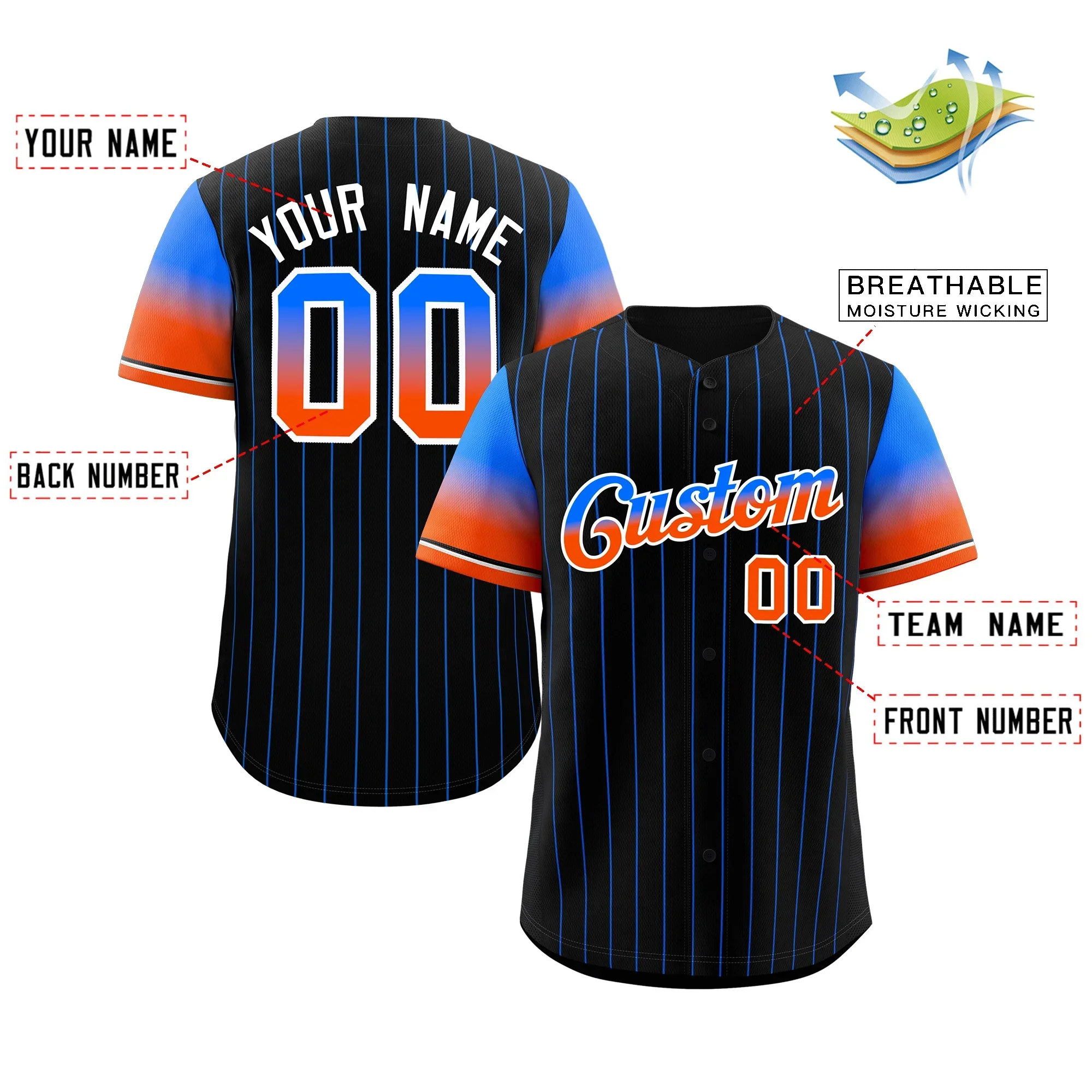 Personalisiertes Baseball-Trikot mit Farbverlauf, Nadelstreifen, bedruckt, Teamname, Nummer, Herren, Damen, Kinder, Hemd