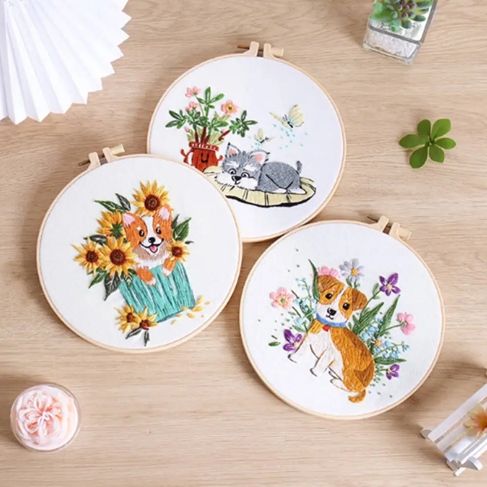 

3pcs Embroidery Kit With Hoop Sunflower DIY For Adults Animals Sewing Art Craft Home Decoration Handmade Gifts