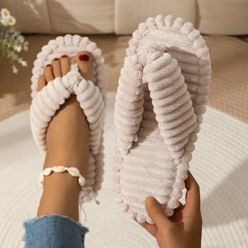 Bequeme Cord-Flip-Flops mit flachem Absatz für Damen, Winter 2026, flauschige Fell-Hausschuhe, Übergröße 45, warme Plüsch-Hausschuhe – Detail 5