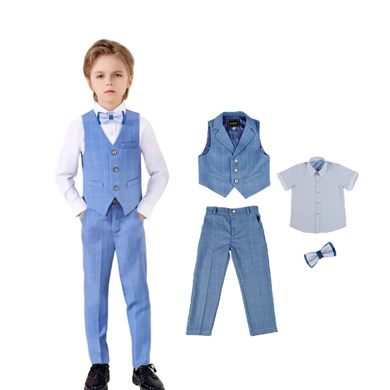 Russia Boys SPring Summer Vest Shirt Pants Bowtie Birthday Party Dress Kids Host Graduation Suit Children Ceremony Costume