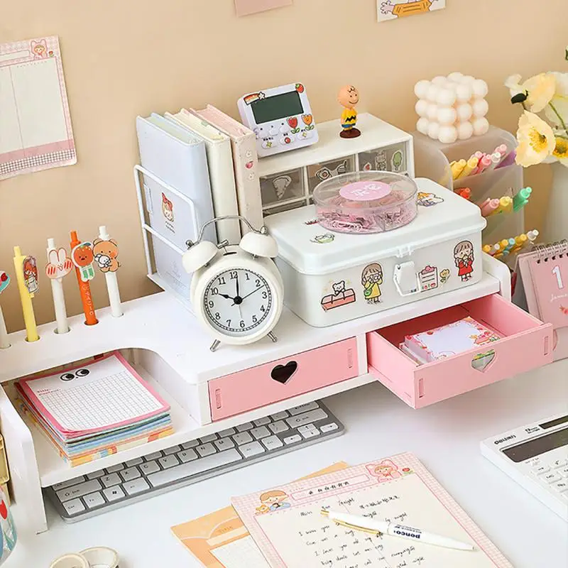 Pink White Student Storage Rack Heart Drawers Monitor Laptop Increase Shelf Office Screen Riser Holder Stationery Pen Storage