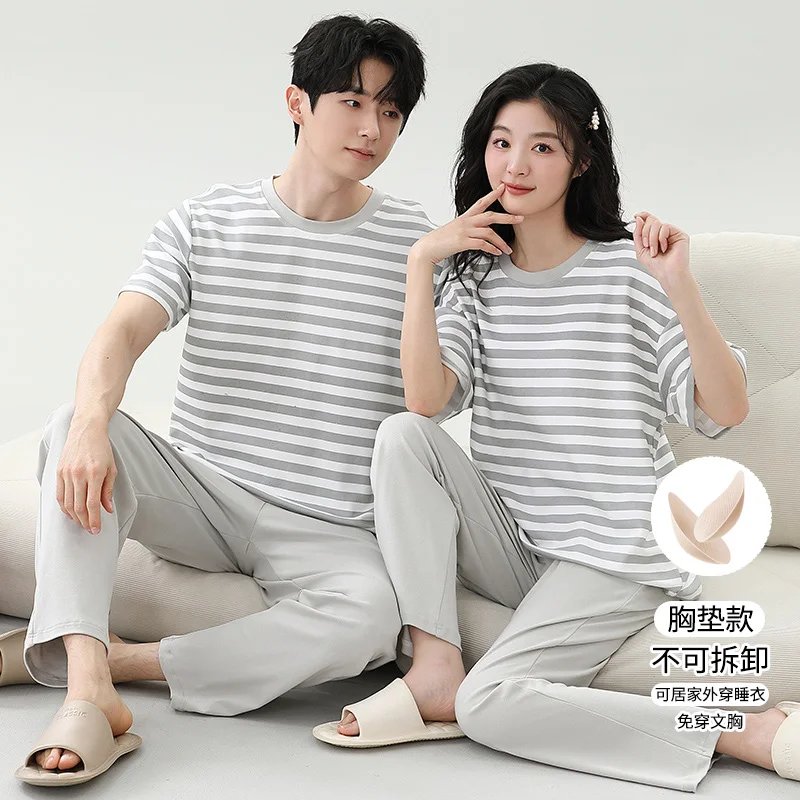 New Spring Couple Casual Striped Short Sleeve Long Pants Cotton Pajama Sets for Men Sleepwear Pyjama Women Homewear Home Clothes