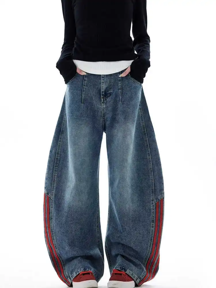 

High Waist Wide Leg Denim Jeans Women Loose Fit Splicing Color Block American Straight Leg Pants Slimming Effect Autumn Wear