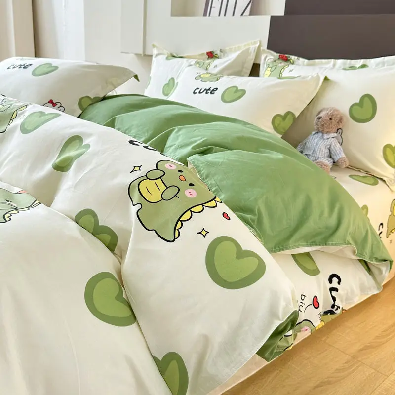

Cute Kids Bedding Set No Filler Dinosaur Kawaii Duvet Cover Flat Sheet Pillowcases Single Full Queen Size Girls Boys BedSpread
