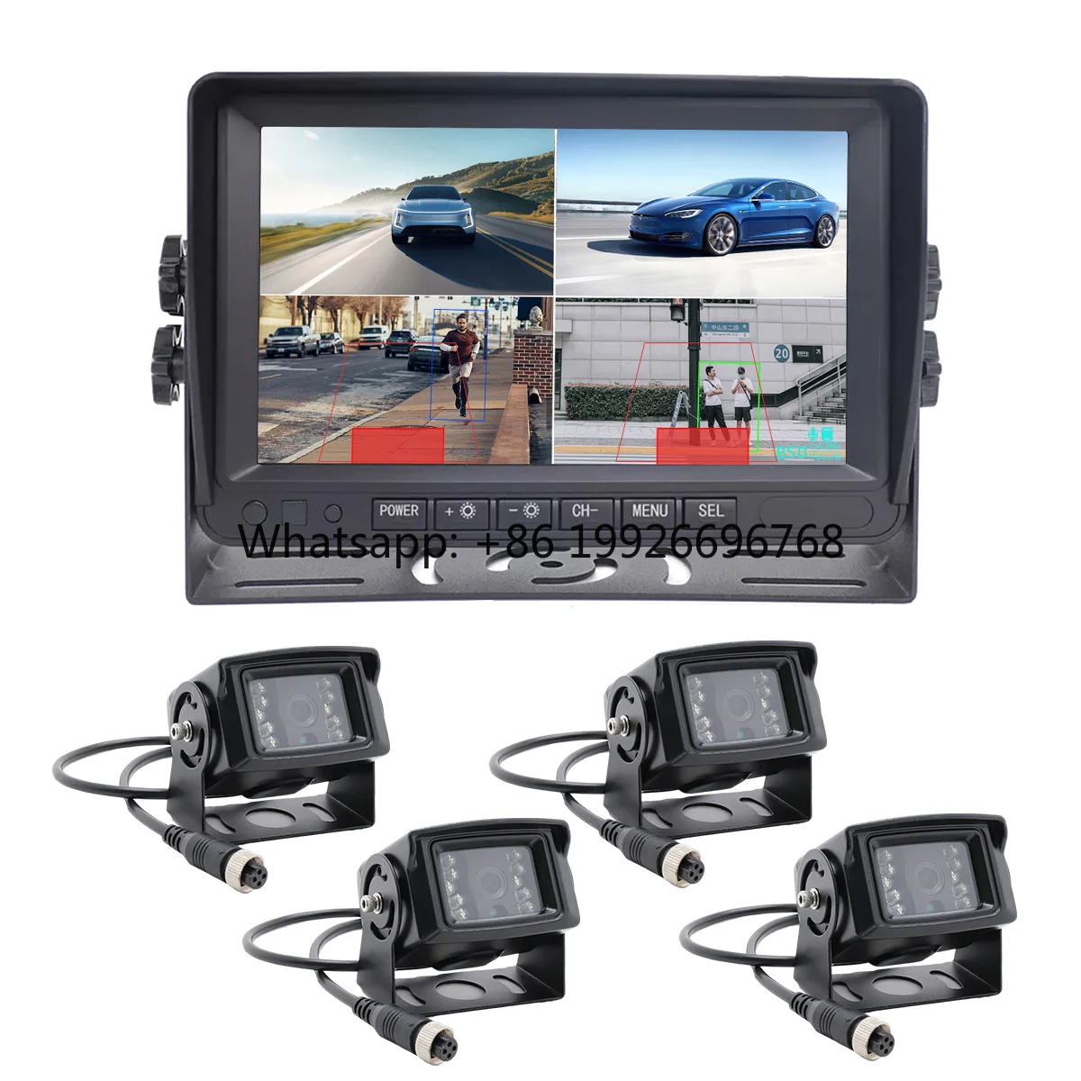 

PWAS System Proximity Warning Alert System with Backup Camera 1080P 7 Inch Monitor 4 Quad for Heavy Duty Truck Camera System