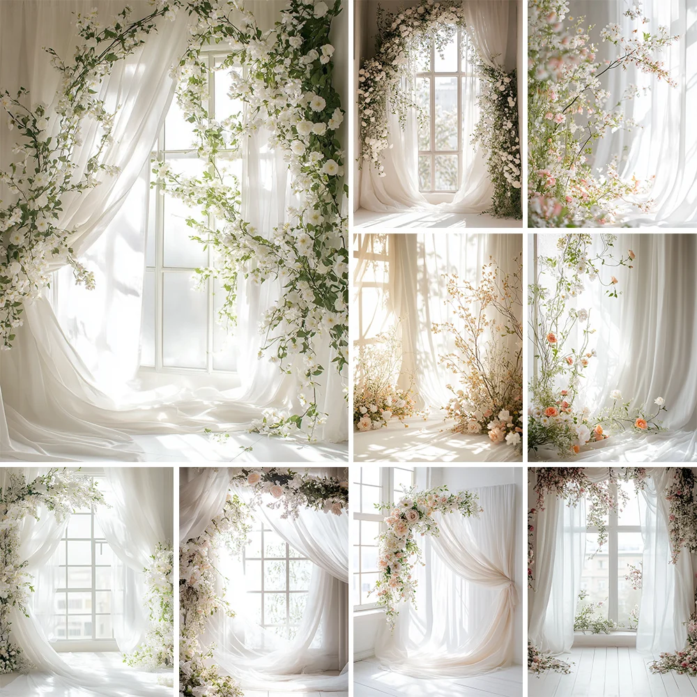 

Spring Indoor White Window Wedding Backdrop for Photography Maternity Portrait Flower Decor Background Photocall Studio
