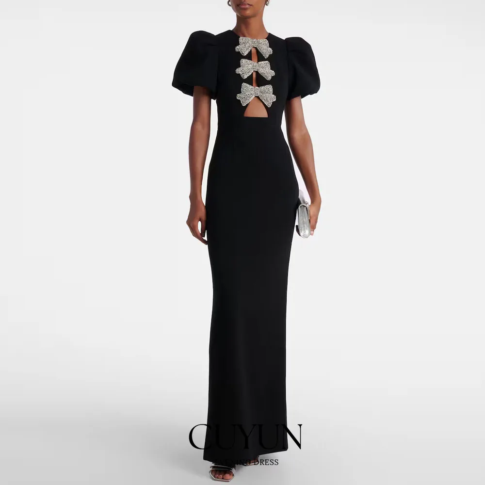 Suknia wieczorowa CUYUN, nowoczesna, czarna, syreni krój, długa do podłogi, na formalne przyjęcie, z krótkimi bufiastymi rękawami, sukienka w stylu saudyjskim, z kokardą.