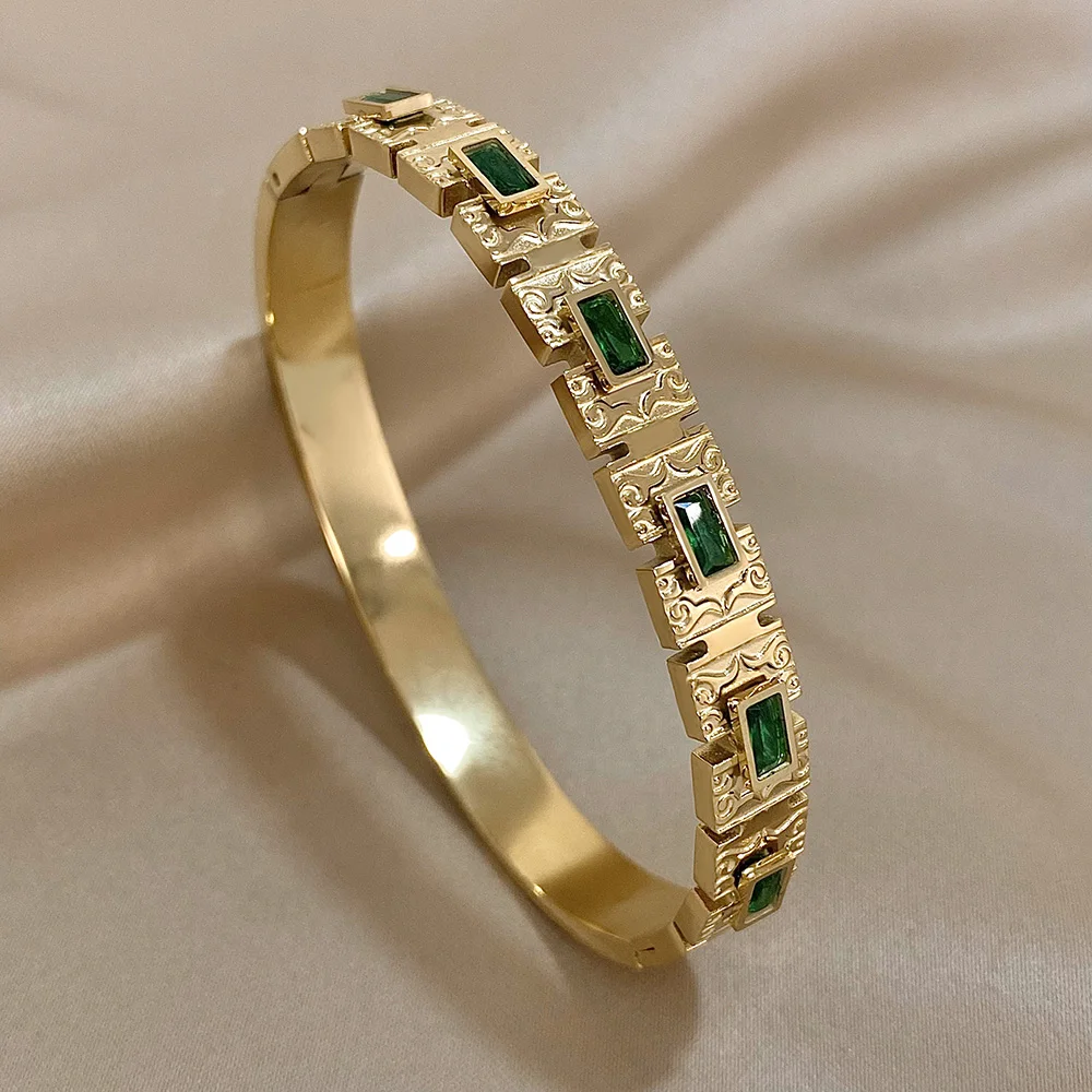 Vintage Palace Geometric Stainless Steel Bangle Bracelet for Women Inlaid Square Green Zircon Cuff Bracelets Jewelry Gifts