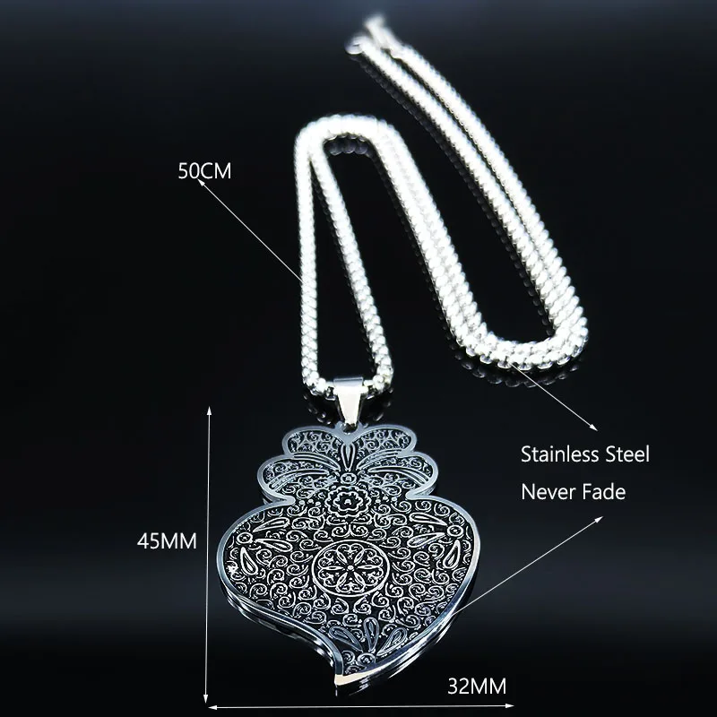 Portugal Folk Viana Heart Flower Pendant Necklace for Women Men Stainless Steel Silver Color Chain Jewelry coração de viana QKC