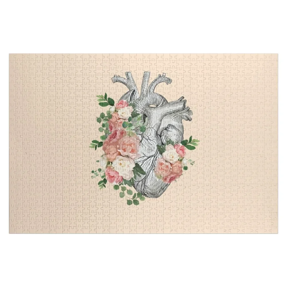 Menselijk hart en rozen, anatomie illustratie kunst, tekening van menselijk hart met bloemen Jigsaw Puzzle Custom Photo Iq Puzzle