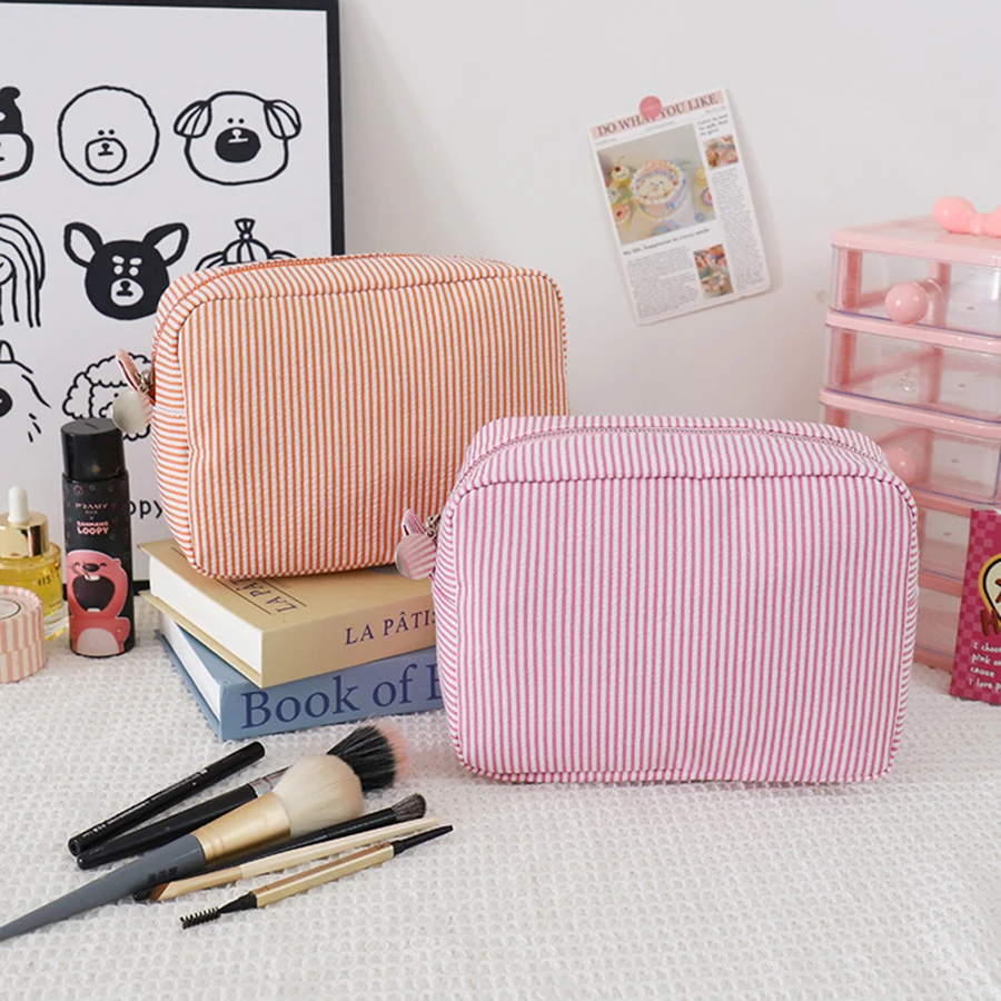Seersucker Ruffle Cosmetic Bags Pink/Purple Striped Storage Make Up Bags for Women Lady with Zipper Travel Bag Makeup Bag