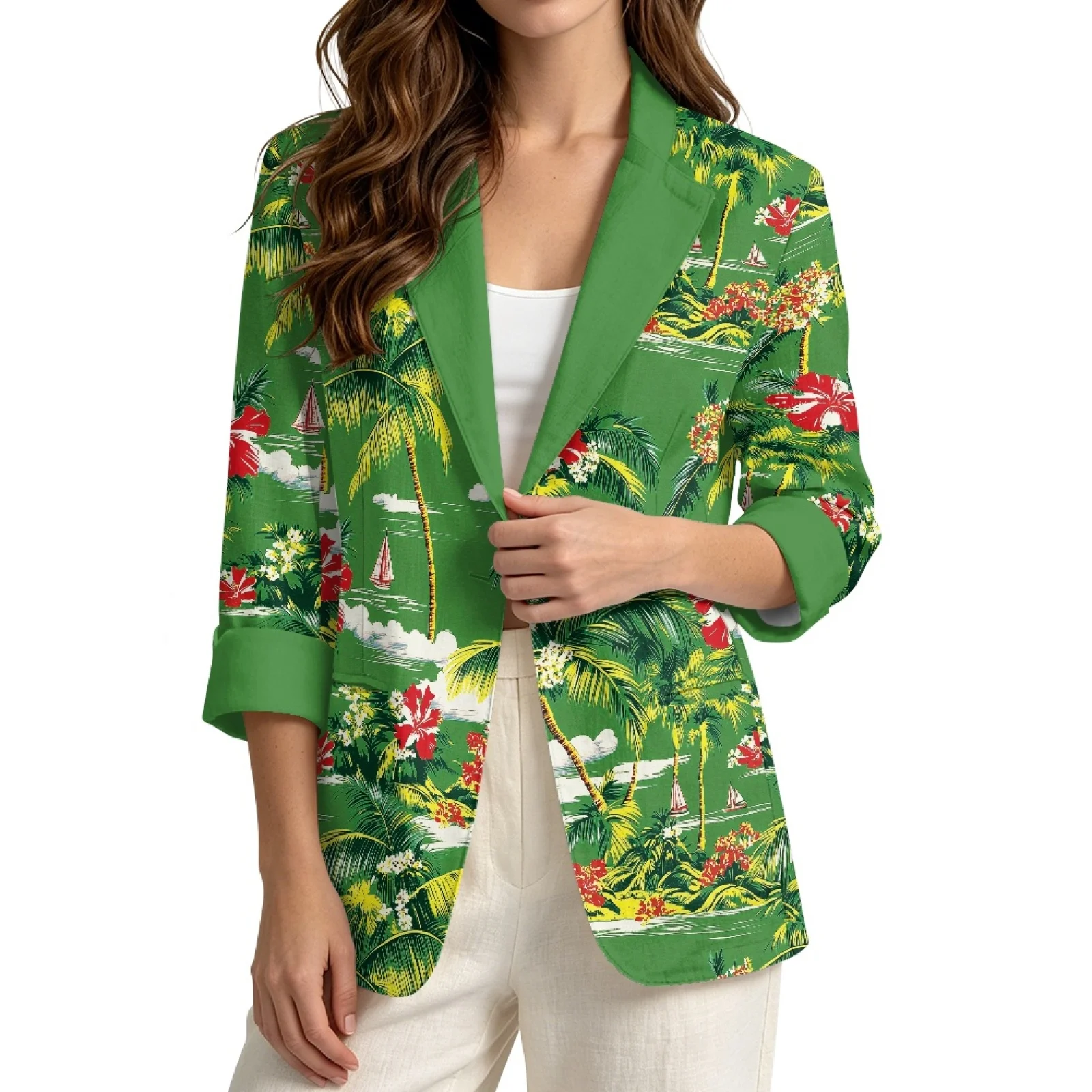 PENSTROLL Palm Hibiscus Linen Like Outerwear Casual Layering Top for Women S-3XL