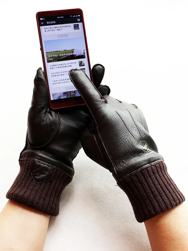 Motorcycle Riding Deerskin Gloves Men's Touch Screen Leather Driving Winter Warm Windproof Cold-Proof Aviation Driving