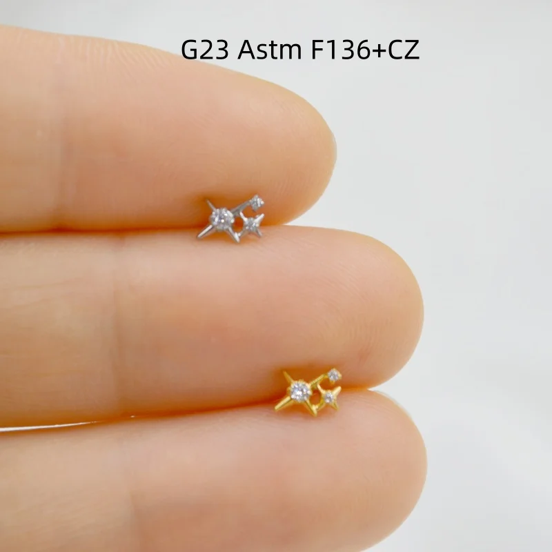 10pcs G23 Titanium Piercing Astm F136 CZ Star Lip Labret Bar Ear Helix Tragus Rook Barbells Stud Piercing Jewelry