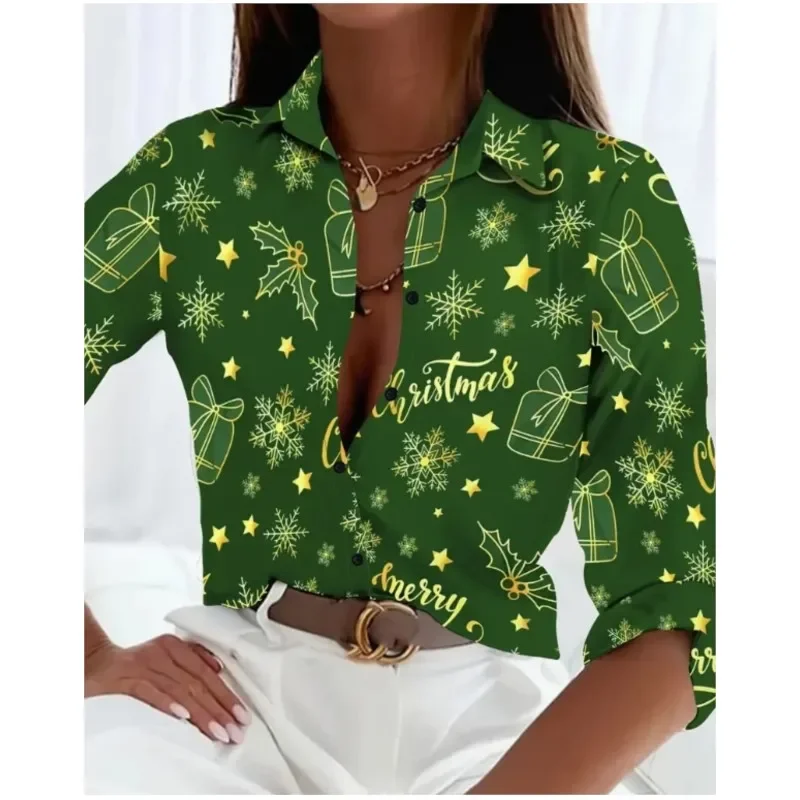 2024 New Autumn Clothing Elegant Women\'s Long Sleeved Shirt Street Commuting Style Christmas Printed Patterns Blouses Tops Femme