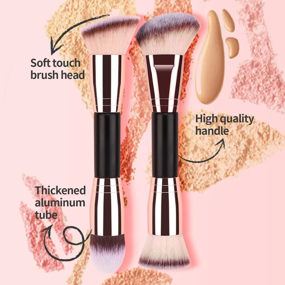 ชุดแปรงรองพื้น Double-Ended 2 ชิ้น - รอบ, ปลายเอียงแบน, ด้ามจับ ABS ขนแปรงไนลอนนุ่ม, ชนิดผิวสากลไม่มีกลิ่น
