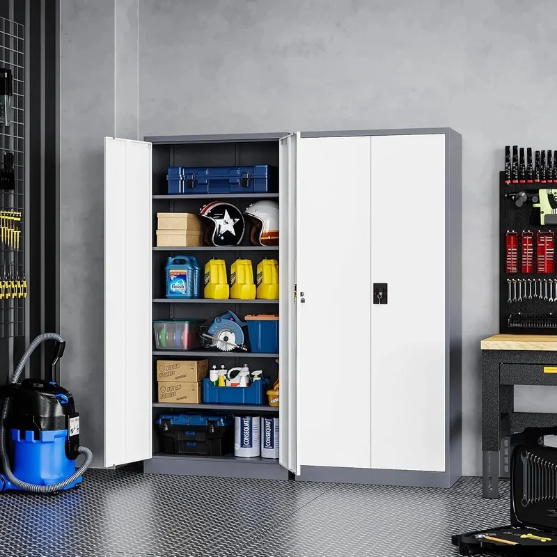 

Metal Garage Storage Tool Cabinet 71" Locking with 2 Doors, 5 Shelves, Tall Steel Heavy Duty, Gray White Finish