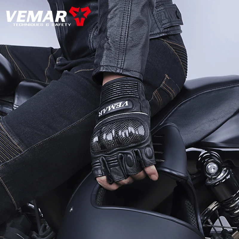 VEMAR Summer Half-Finger Motorcycle Gloves Sheepskin Cowhide Motorcycle Riding Gloves Carbon Fiber Shell Leather Gloves