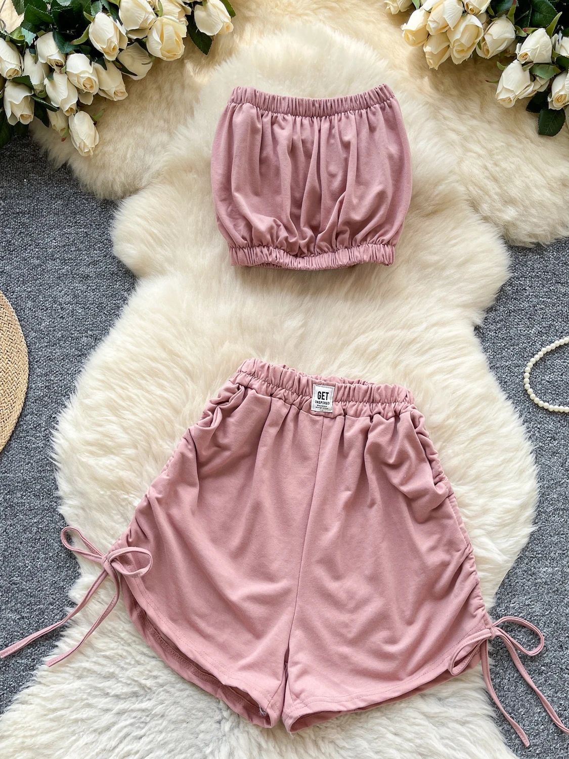 Dopne Pure Desire Sle Women's Summer Outfit Top Bot Matching Elastic Waist Wide Leg Dstring orts Two-Piece Set