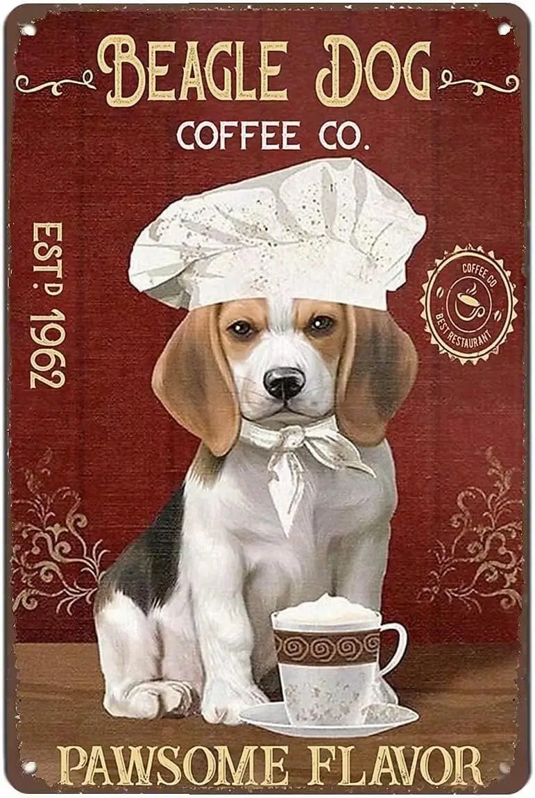 Beagle Dog Coffee Pawsome Flavor Retro Metal Sign Vintage Tin Sign Coffee Sign for Plaque Poster Cafe Wall Art Gift 12 X 16 INCH