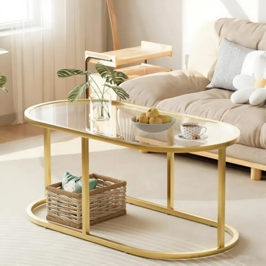 

Coffee Table Glass Coffee Tables for Living Room, Oval Table Center Table with Sturdy Metal Frame, Modern Tempered Glass Accent