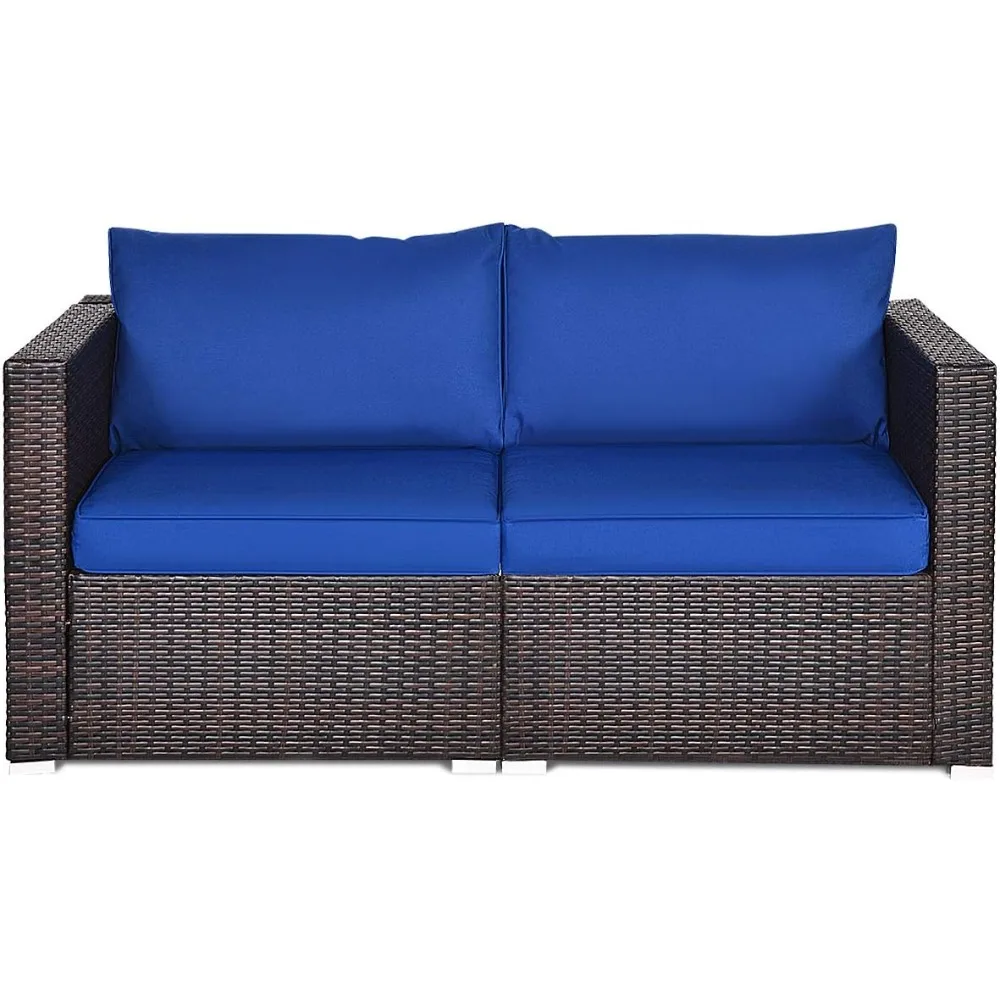 HAPPYGRILL Juego de sofás esquineros de mimbre para patio de 2 piezas, juego de sofás seccionales con cojines con cremallera para patio trasero, balcón, patio, piscinas de jardín