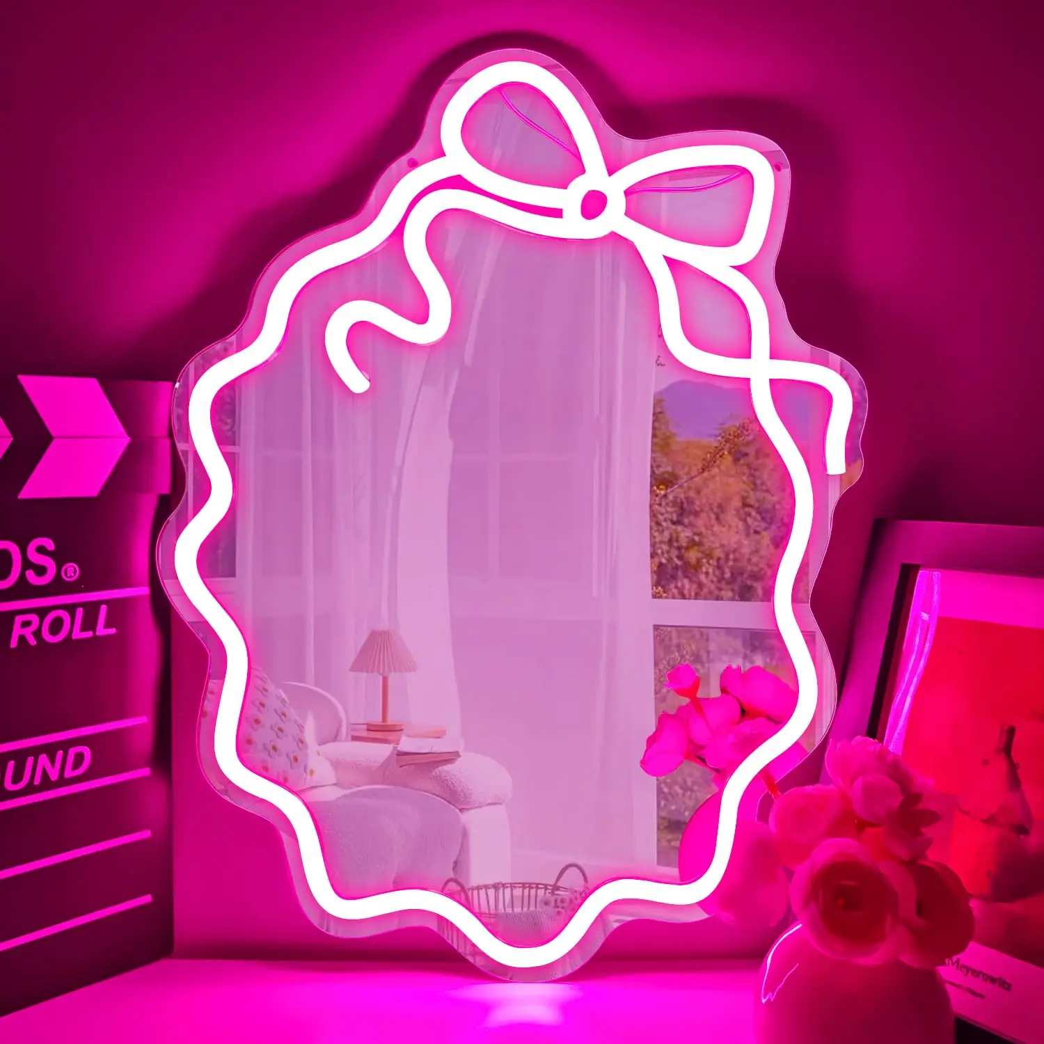 

Bow Mirror Neon Light Pink LED Dimmable USB Wall Decor for Coquette Bedroom, Vanity Ambient Lighting Valentine Gift