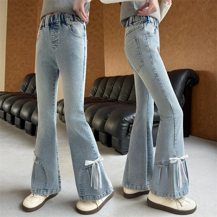 

Elegant Children New Spring Flared Jeans with Bows for Teen Girls Fashion Bootcut Denim Pants Kids Casual Bowknot Jeans Trousers